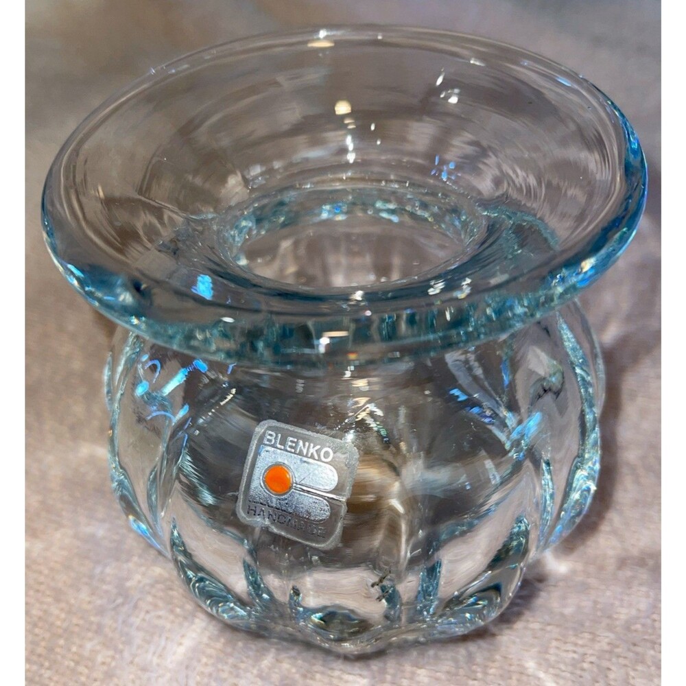 Vintage MCM Clear Glass Blenko Handmade 4.25" Tall Ribbed Vase w/ Sticker